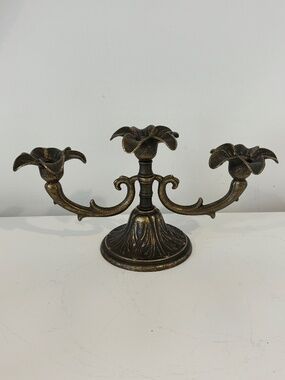 Vintage Italian brass candelabra three arm floral shaped cups ornate base patina